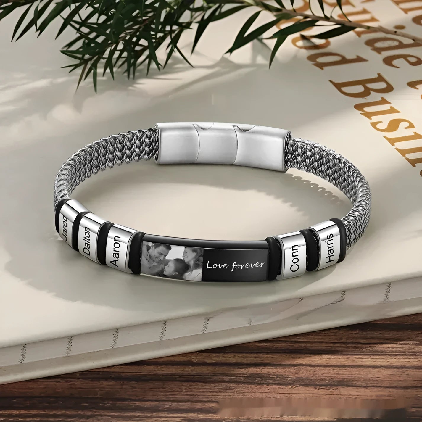 Titanium steel men's bracelet with leather rope and engraved letter beads