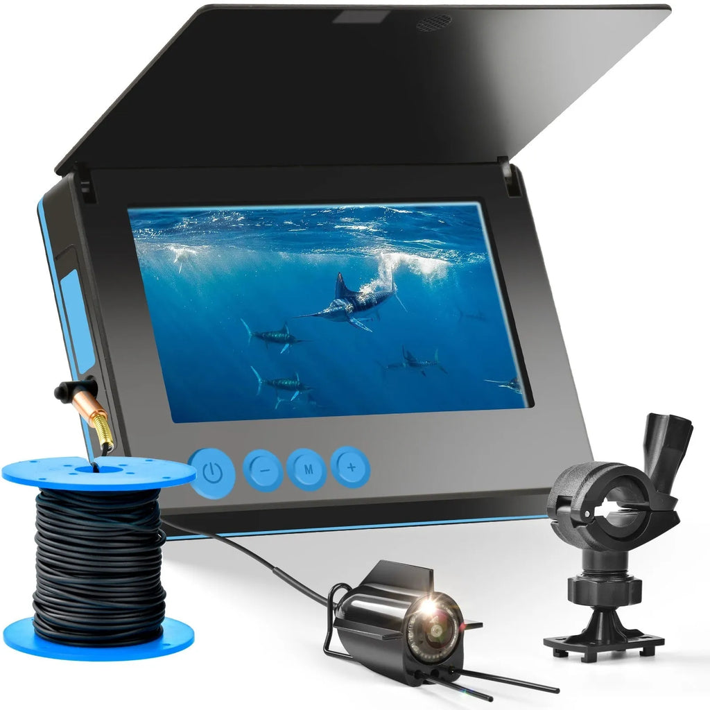 Fish finder underwater camera with 4.3 inch screen, showing HD underwater view with night vision lights on.