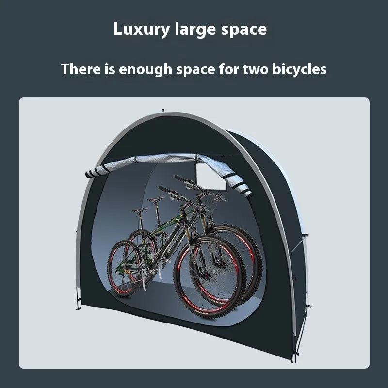 Black outdoor bicycle storage tent for 2-3 bikes with ground nails and brackets, size 185x65x165cm