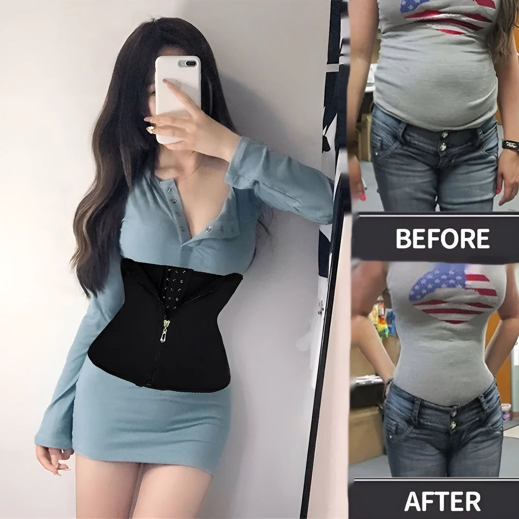 Neoprene body shaping belly band corset for waist trimming and exercise, available in multiple sizes and colours