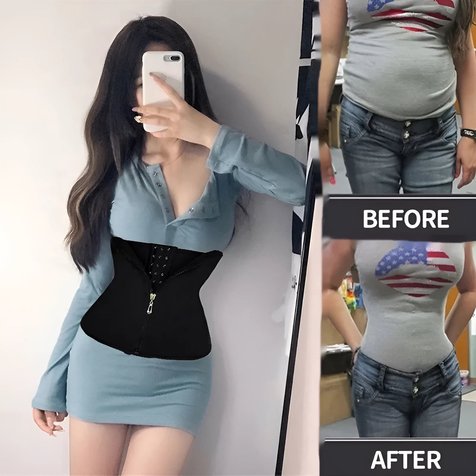 Neoprene body shaping belly band corset for waist trimming and exercise, available in multiple sizes and colours