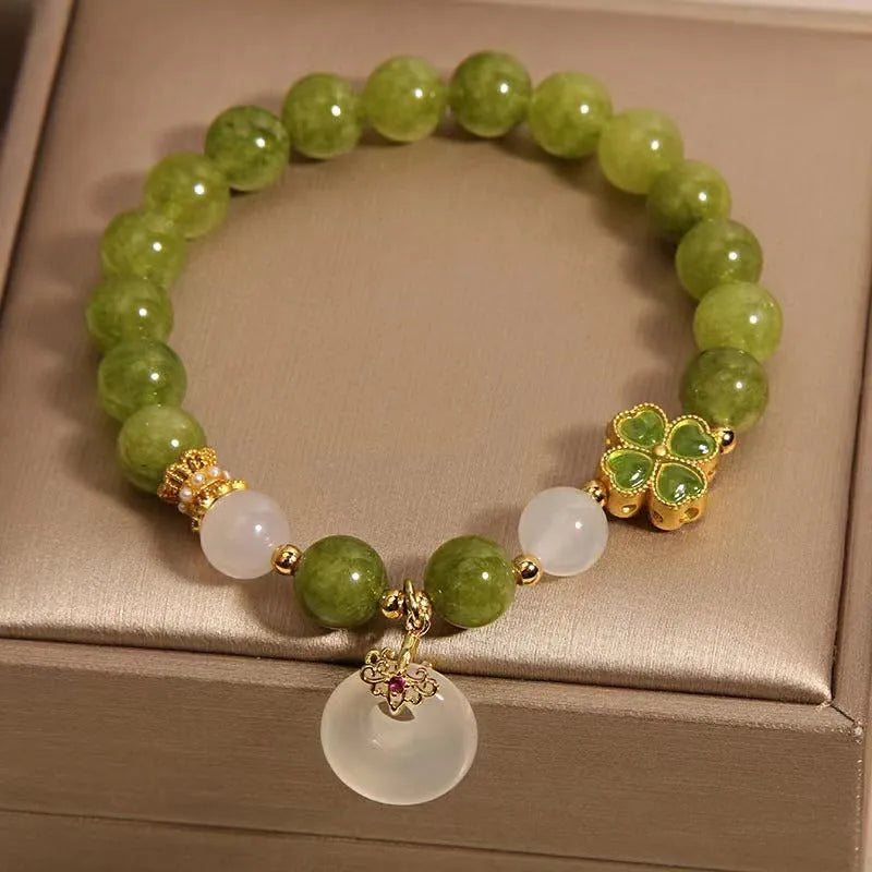 Natural stone green tourmaline women's bracelet with four-leaf clover safety buckle in New Chinese style drop shape geometric design green colour