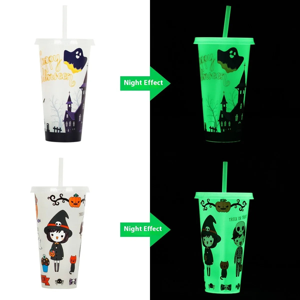 720ml plastic Halloween sippy cup with luminous straw in six colour options