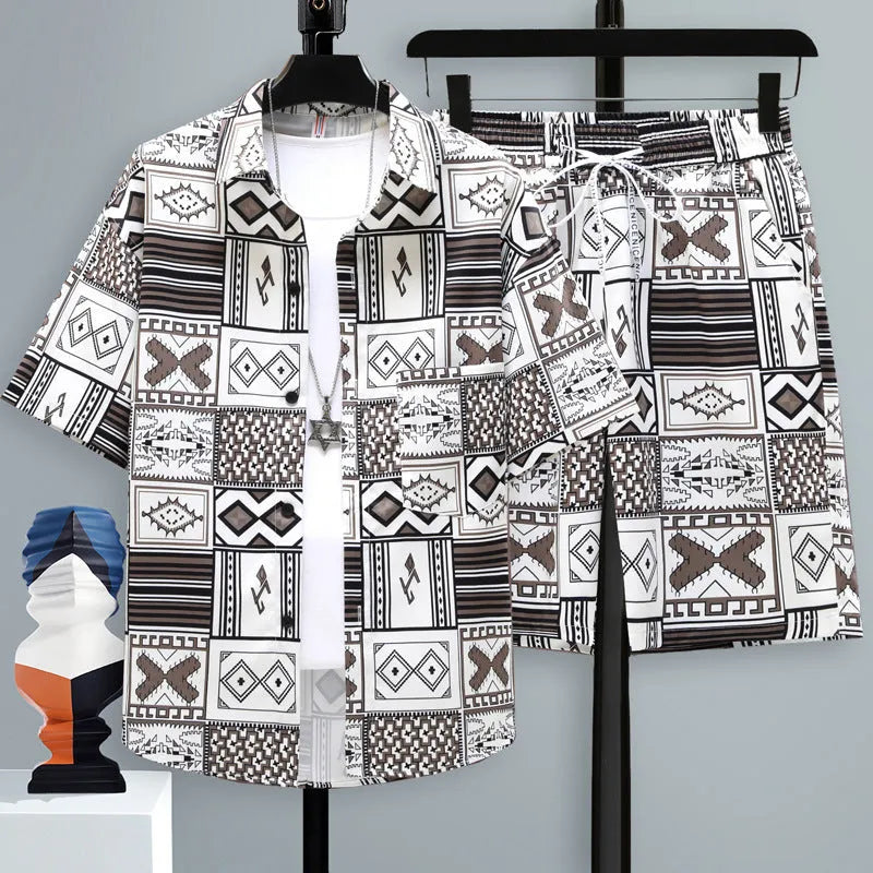 Men's casual polyester sports shorts two-piece set with matching short sleeve top