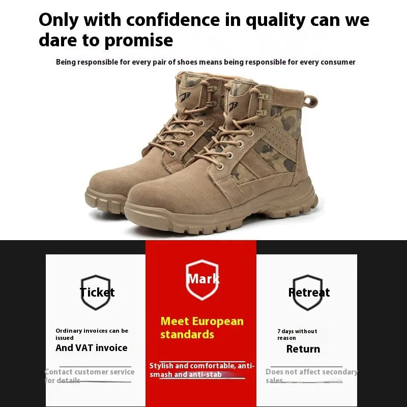 Khaki steel toe cap combat boots with suede upper and round head, laced up on a white background