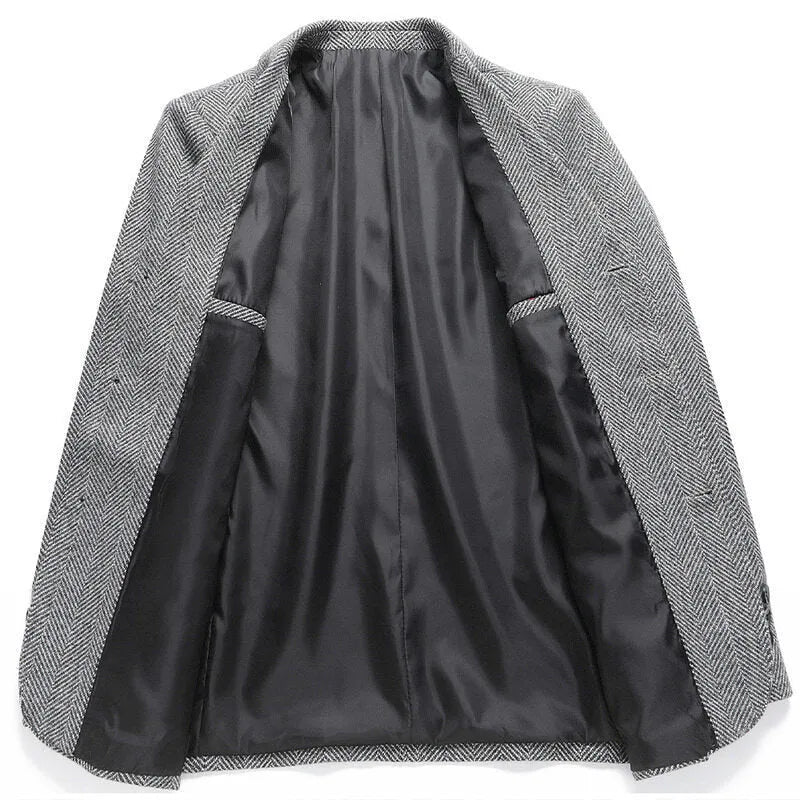 Men's loose fit solid colour wool blend coat for casual spring and autumn wear.