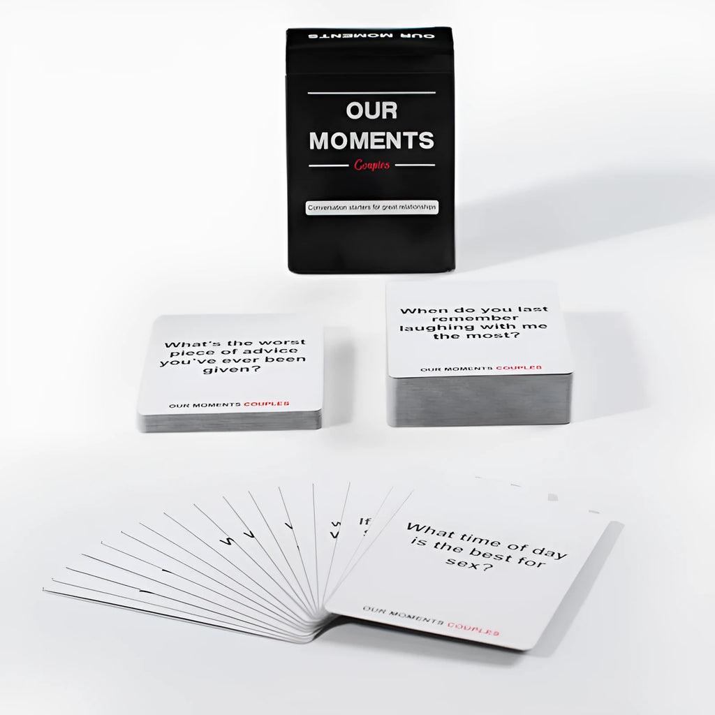 Black gift box of Our Time Lovers Edition communication cards for couples, showing size.