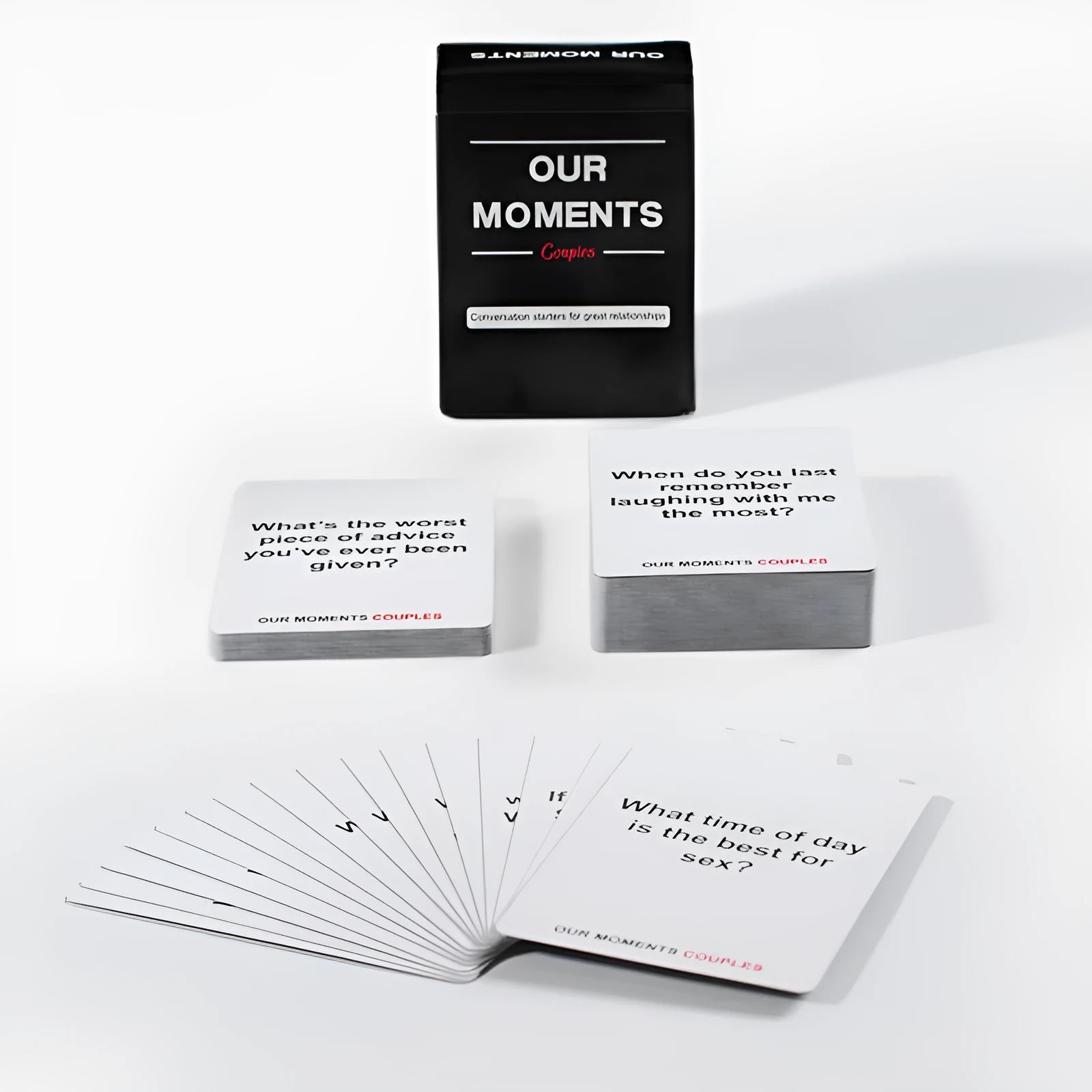 Black gift box of Our Time Lovers Edition communication cards for couples, showing size.