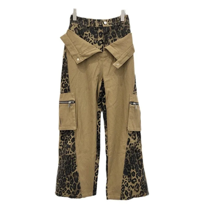High waist straight leg jeans with dark khaki leopard print and fake stitching tooling design
