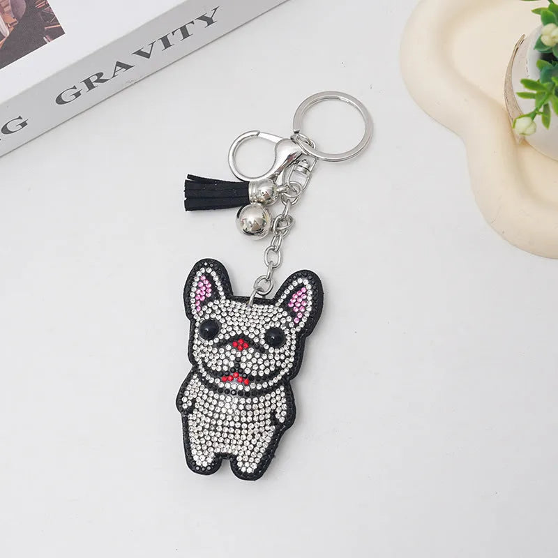 French dog rhinestone keychain pendant with cartoon animal charm on alloy base