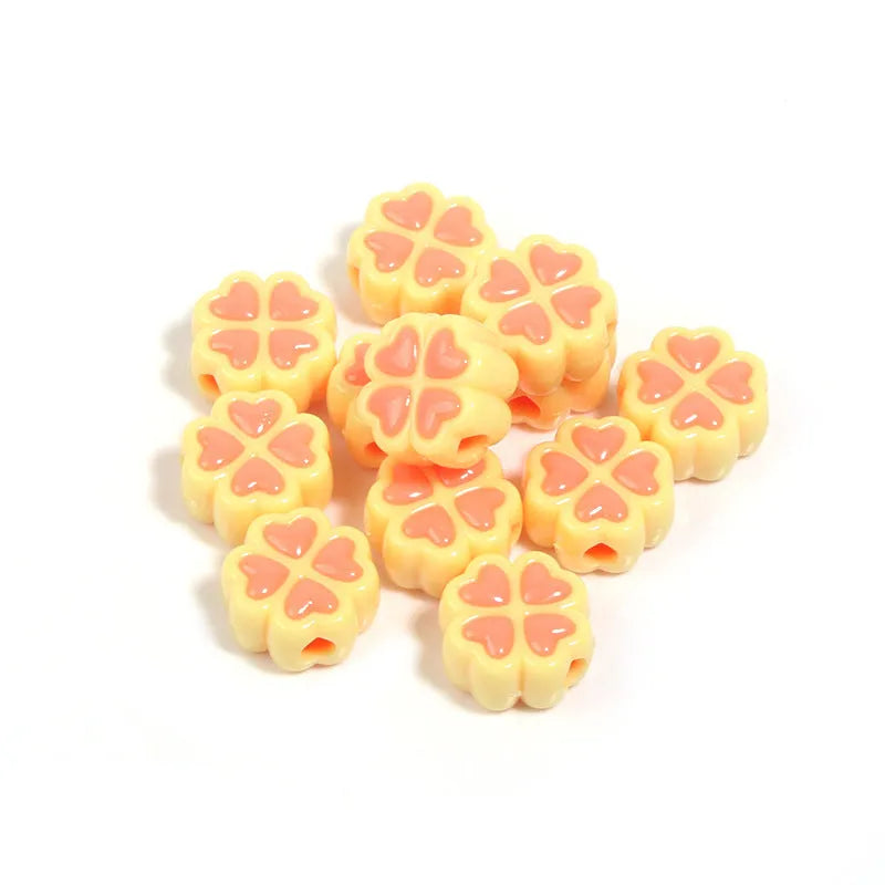Acrylic four-leaf clover beads in mixed colours with frosted finish, 15mm diameter for jewellery making