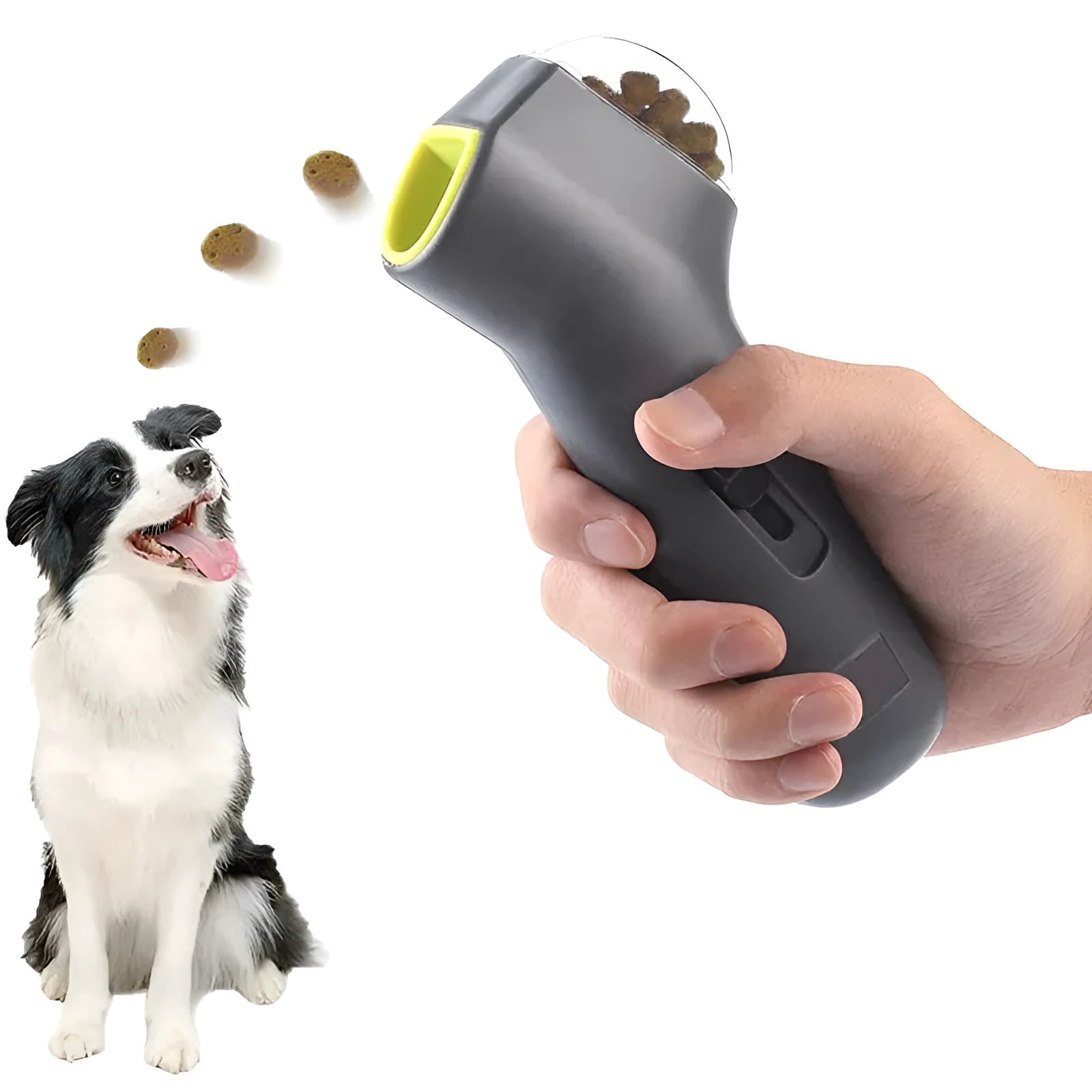 Grey pet snack catapult launcher showing spring trigger mechanism and compact 18cm design
