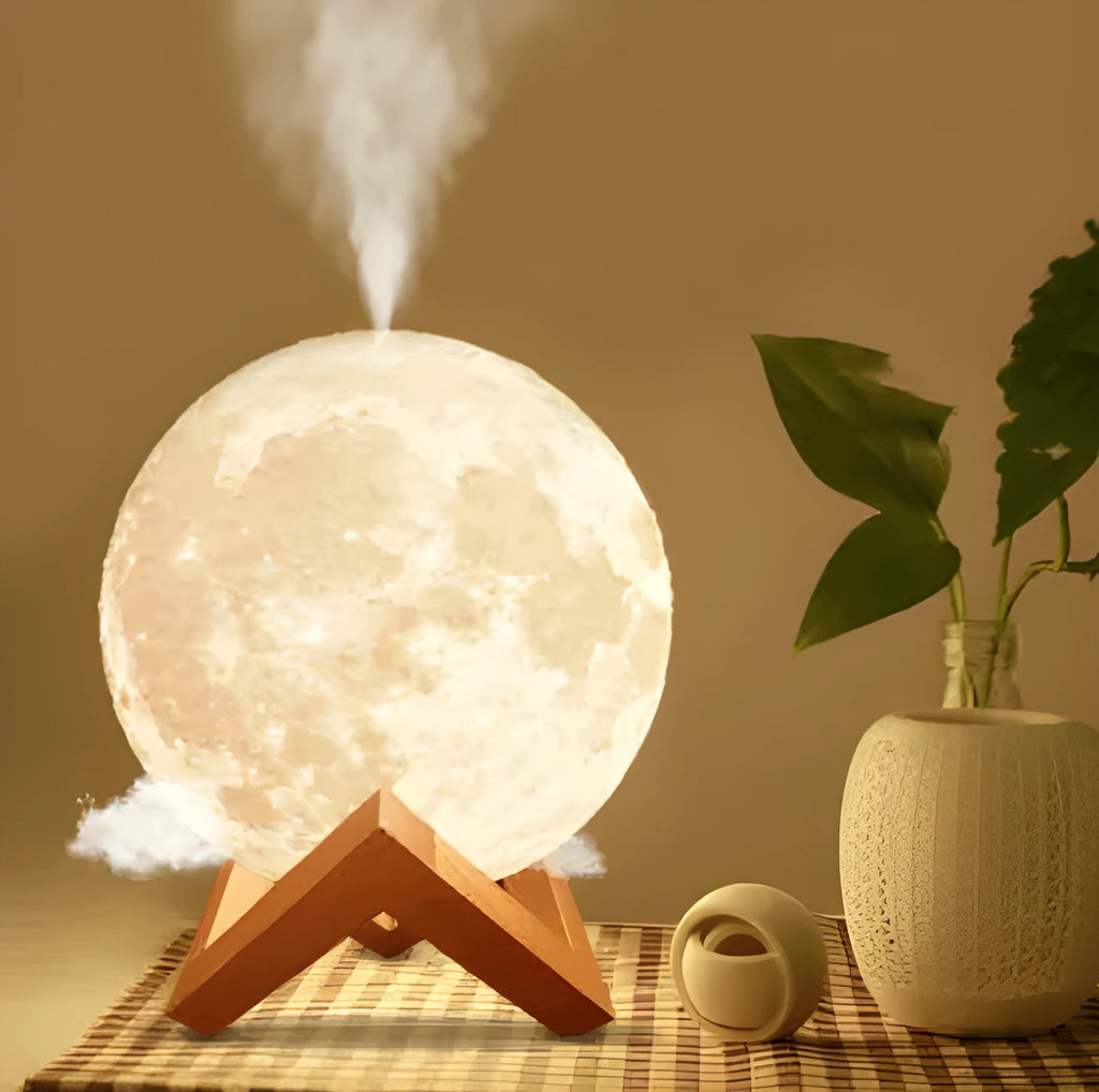 Lunar humidifier night light with wood finish, 13cm round design