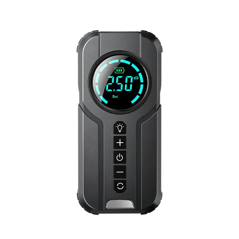 Black portable wireless car air pump with digital display, 12V plug, and accessories including nozzles on a grey background.
