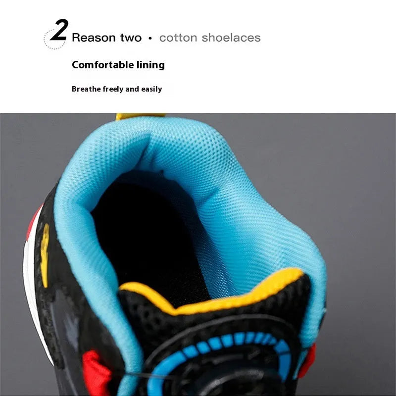 Children's rotating button basketball shoes in synthetic leather, shown in black colourway.