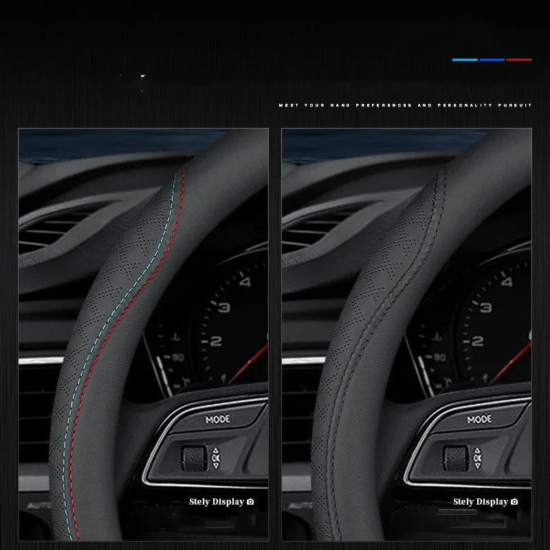 Black two-colour line Napa leather texture steering wheel cover for Suzuki cars, 38cm diameter.