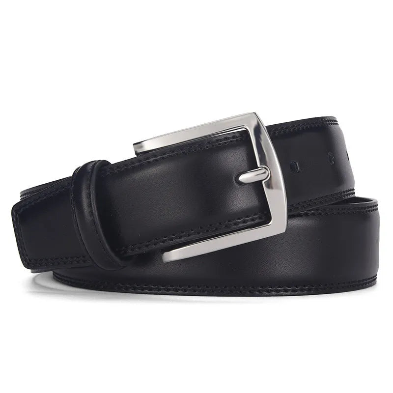 Men's black genuine leather belt with a silver alloy pin buckle on a plain background.
