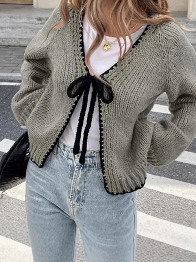 Women's solid colour lace-up cardigan with crocheted flowers, polyester knit, loose long sleeves