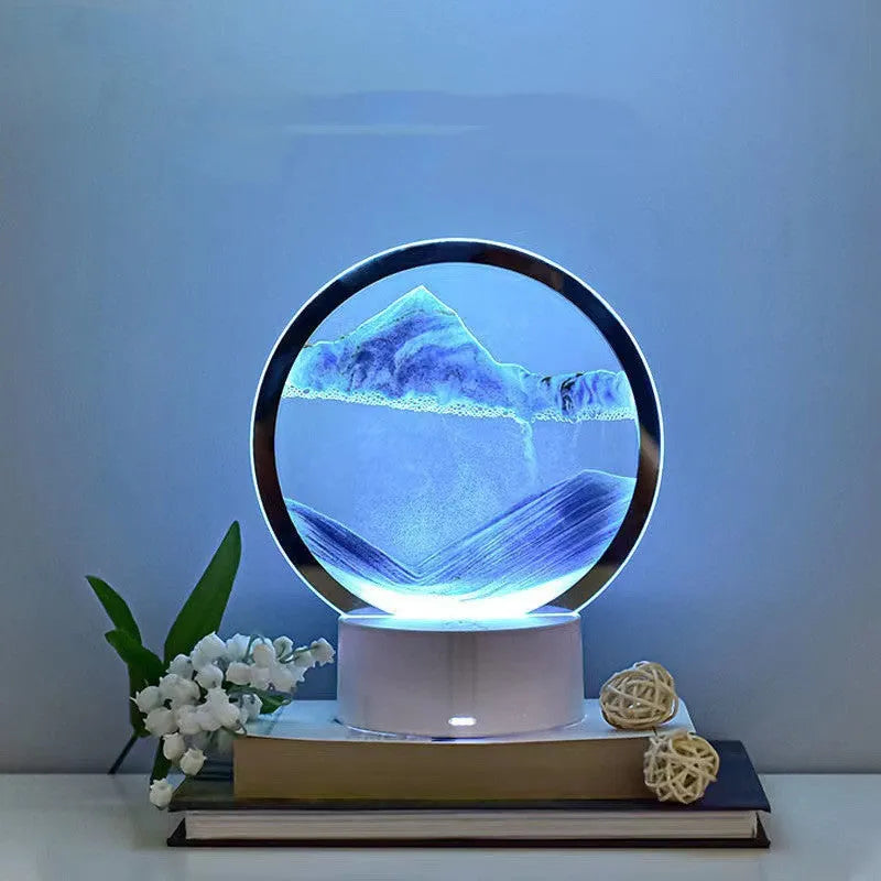 Creative 3D quicksand table lamp with glass shade and touch USB control, showing blue light colour