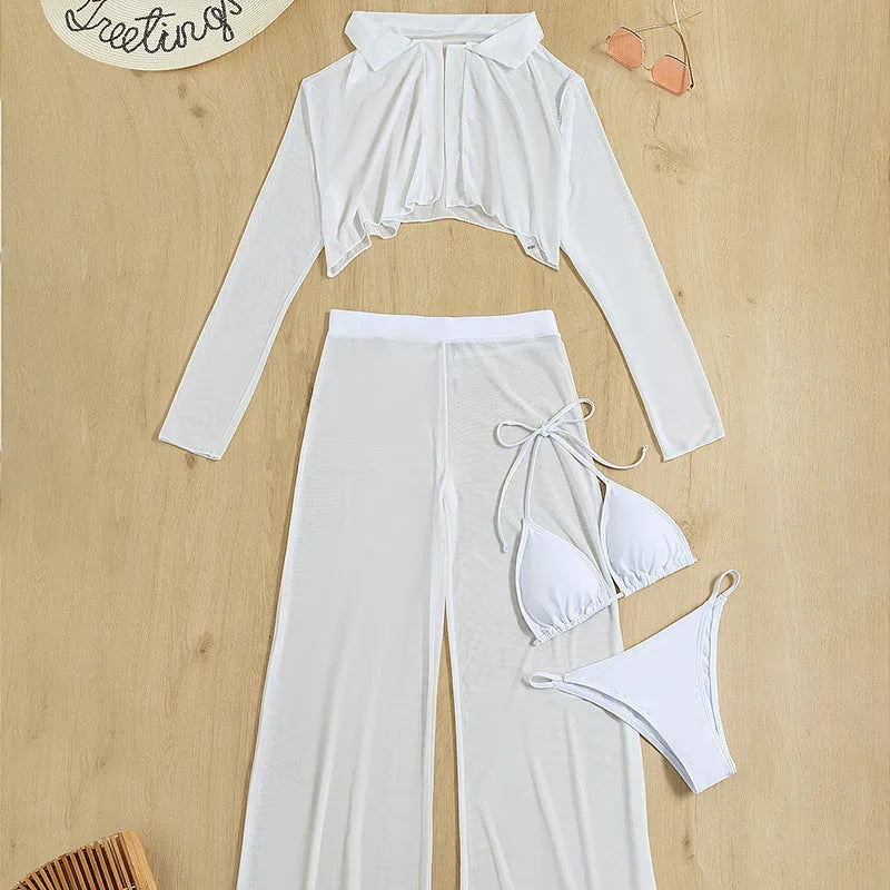 White women's four-piece swimsuit set with high waist and backless design, nylon spandex fabric