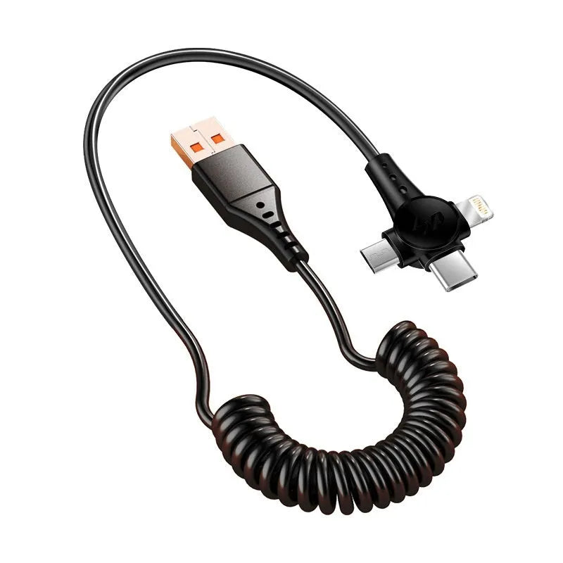 Super Fast Charge 3-in-1 telescopic data cable with Type-C, Micro USB, and Lightning connectors, 1.5m, TPE black