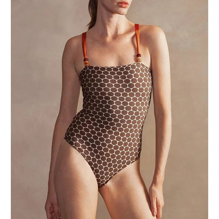 Printed high-grade double-sided one-piece swimsuit for women with wrap skirt, dotted pattern, polyester fabric, European American style