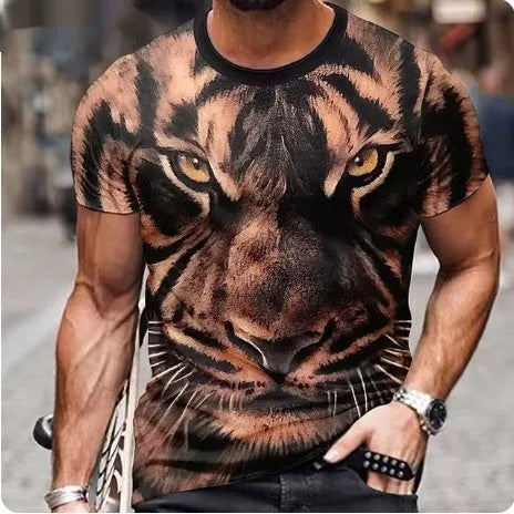Men's black t-shirt with fierce 3D lion printing graphic design on front