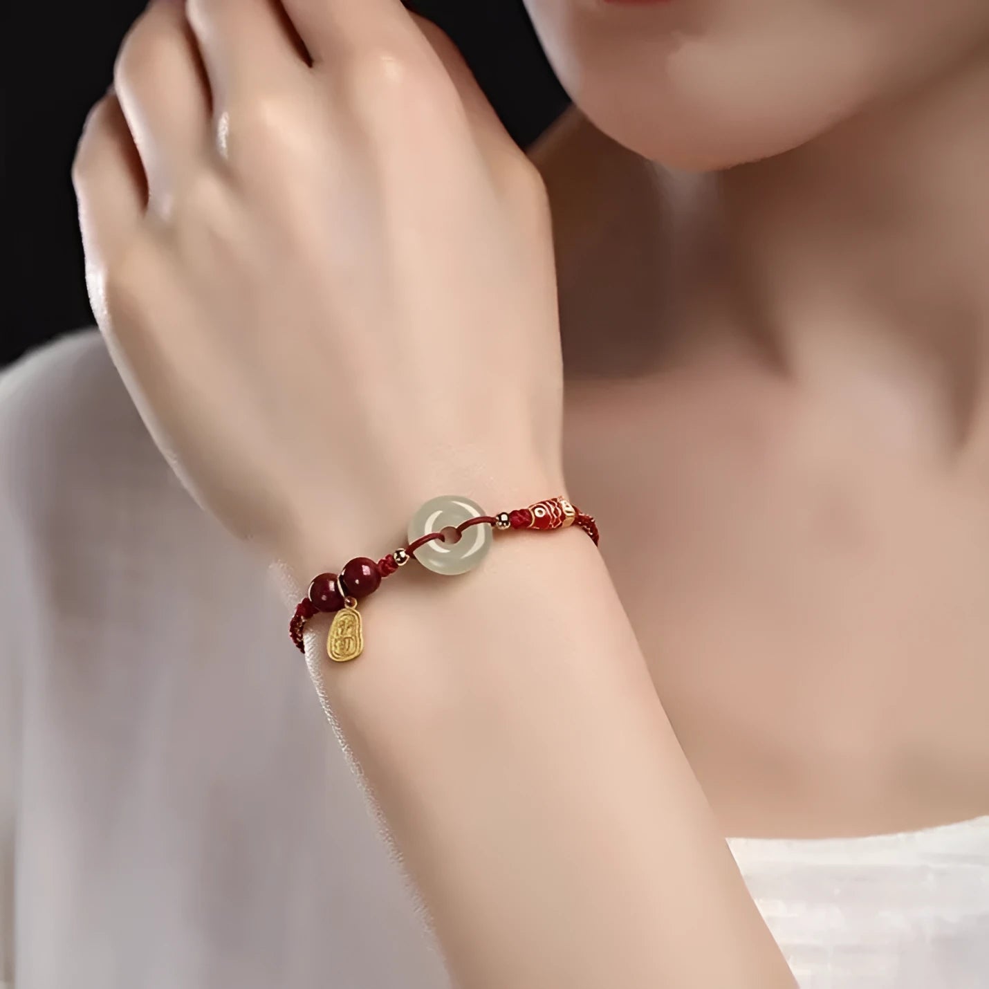 Hetian jade peace buckle bracelet 10mm round pendant with colourful braided rope