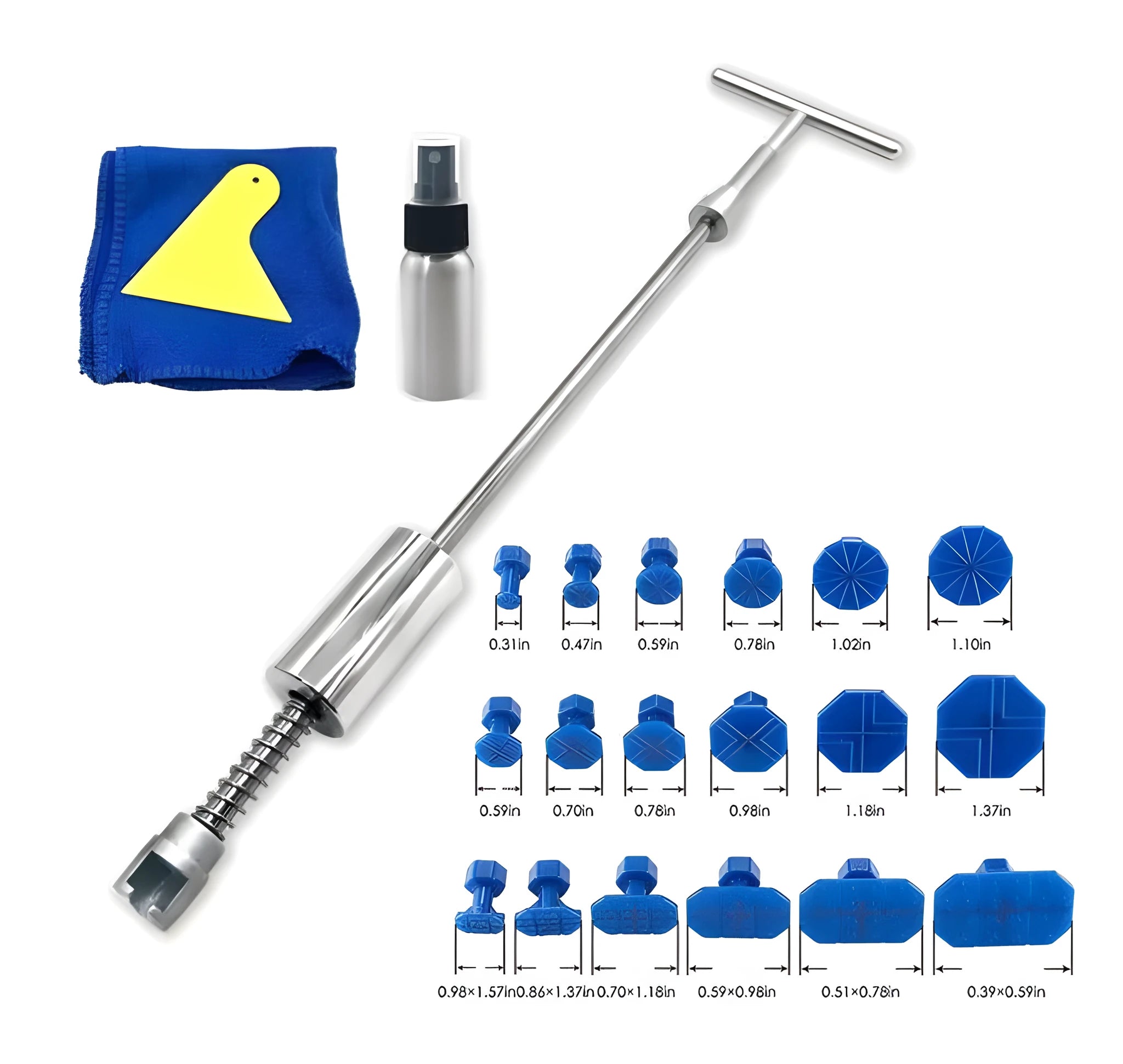 Metal automotive dent repair tool with T-shaped hammer and blue adhesive pads on car body panel