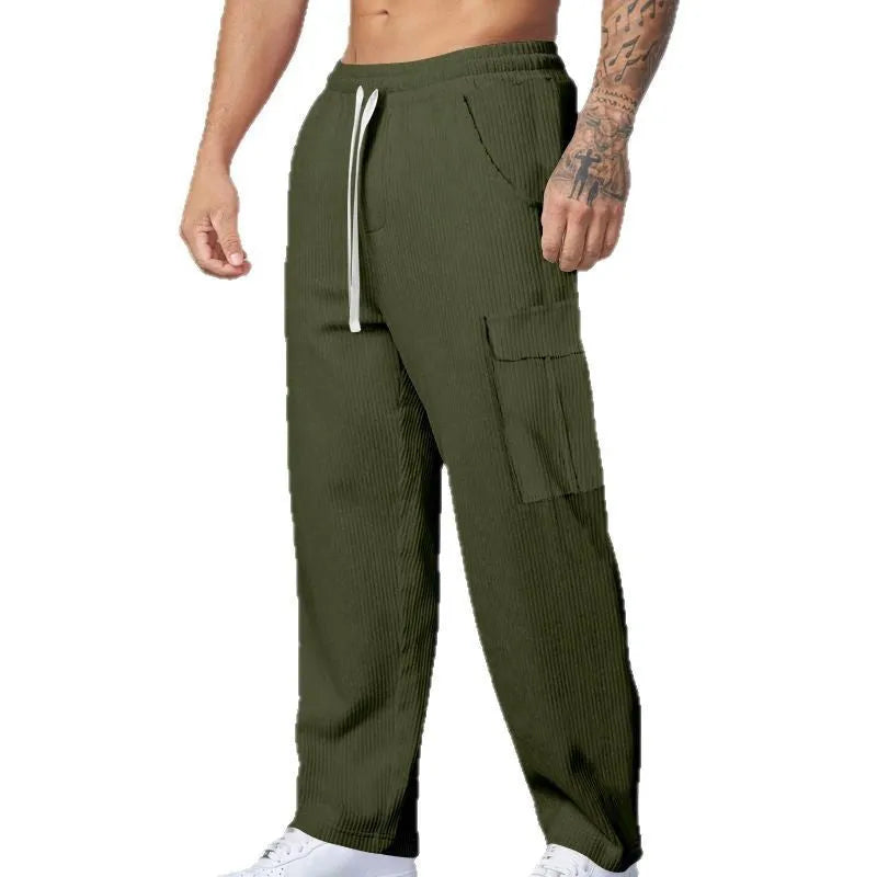 Men's straight-leg corduroy cargo trousers with wide-leg design and drawstring waist