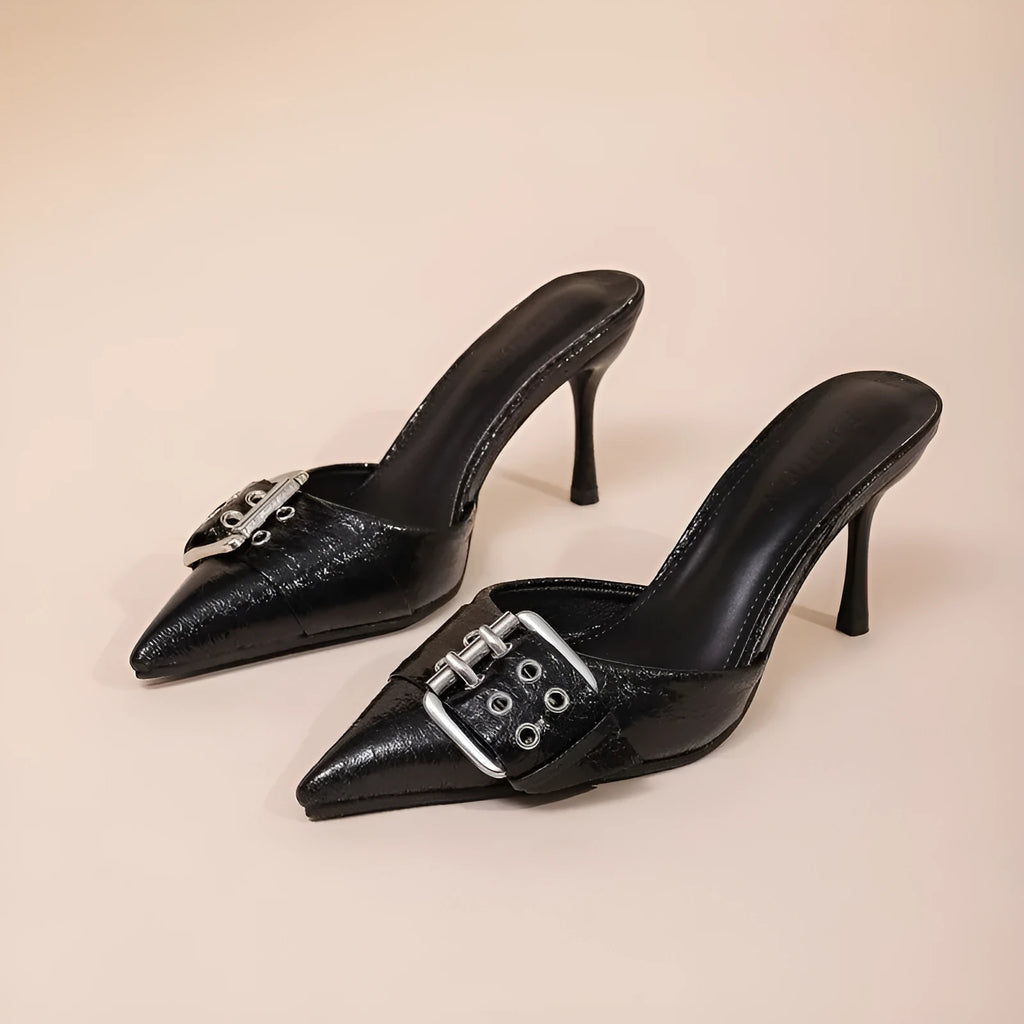 Women's black PU pointed toe buckle strap high heels, size range 35 to 42