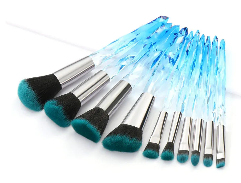 10 crystal handle foundation brushes with artificial fibre bristles in four colour options