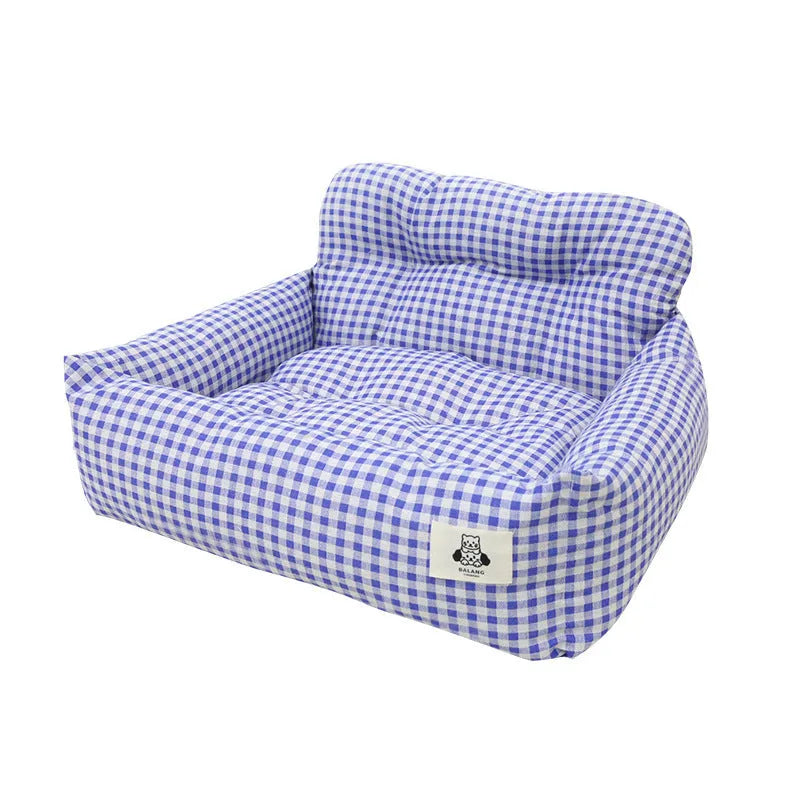 Blue plaid and grey cloth dog car seat nest shown in small and large sizes.