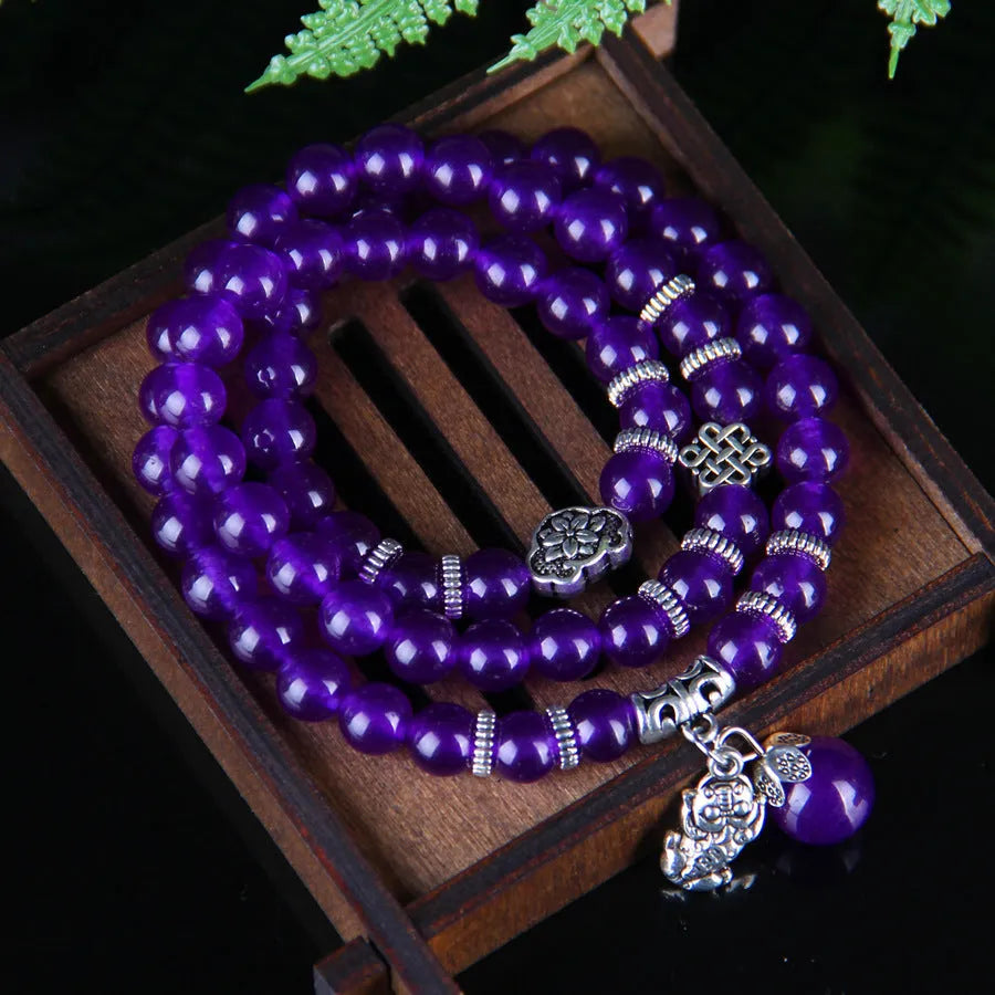 Natural purple chalcedony crystal bracelet women's ethnic style three circles