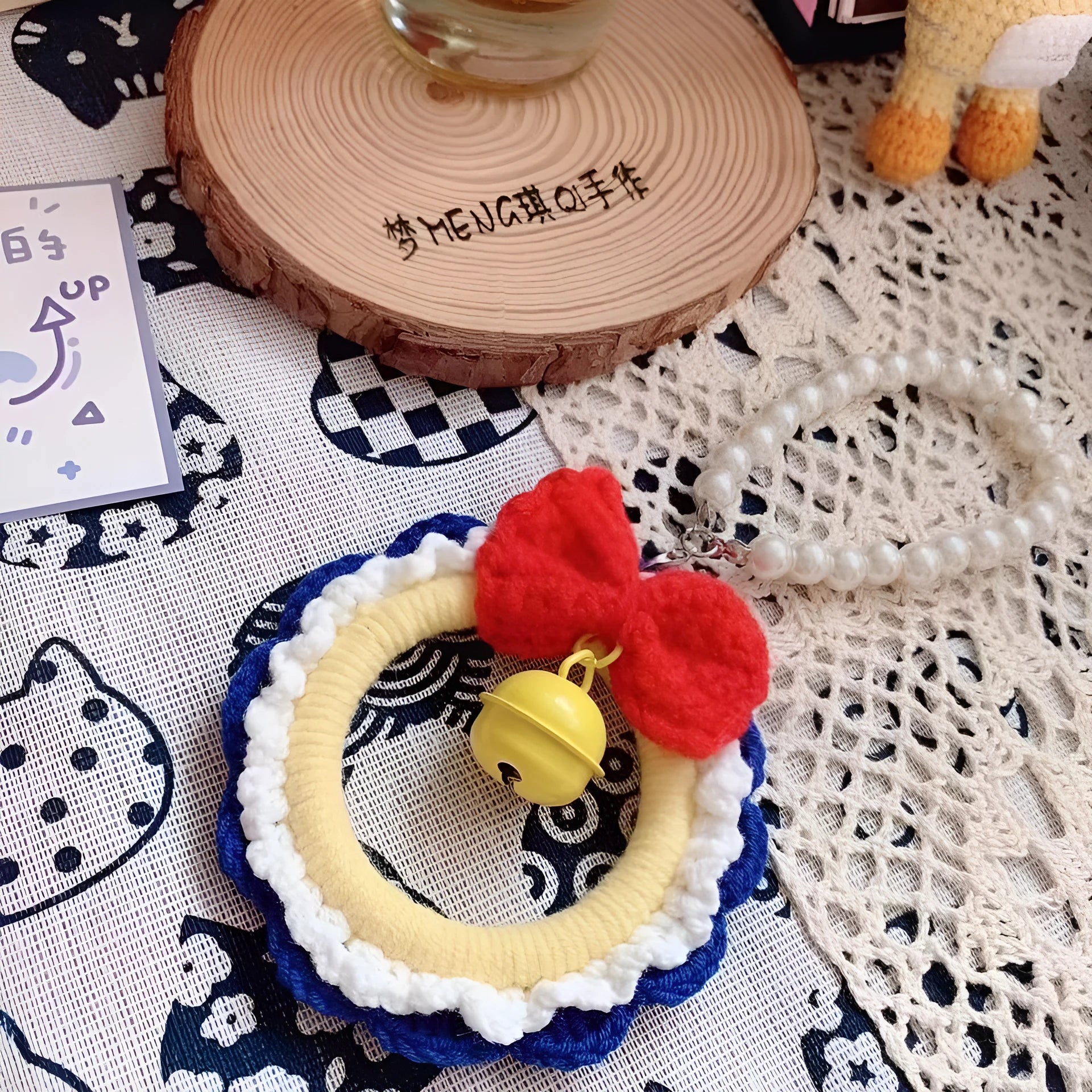 Handmade plush yarn car hanging pendant in Snow White colour with red wind chime option