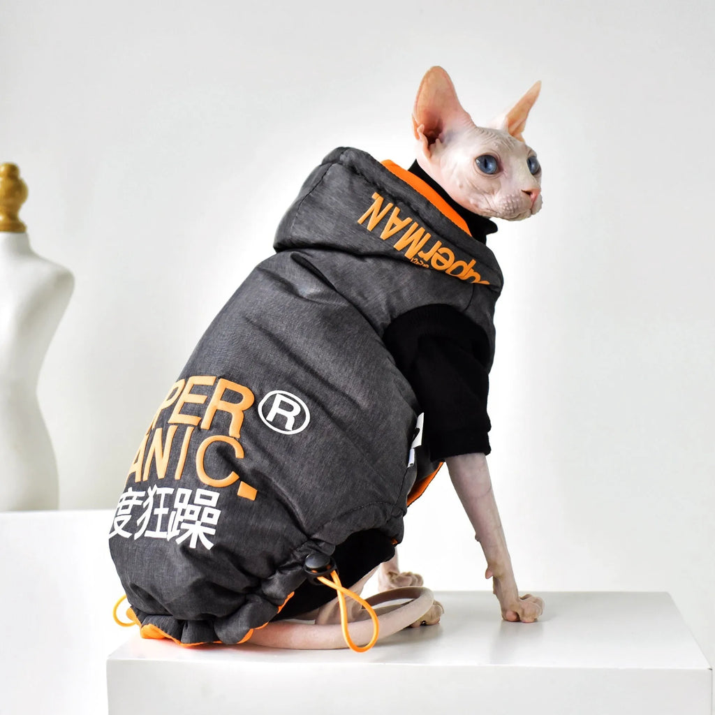 Hairless cat winter coat in Space Grey with windproof TPU polyester outer and cotton insulation, sized for Sphynx or similar breeds