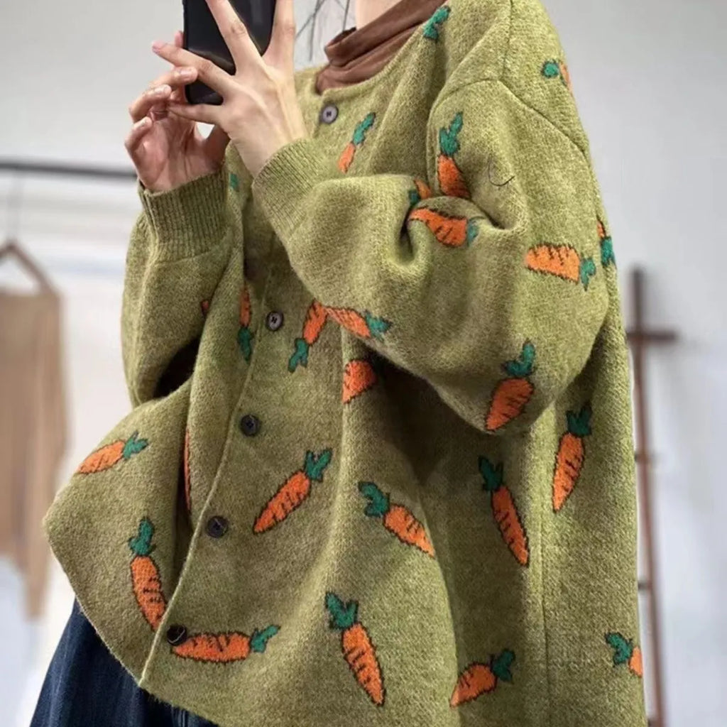 Mori art style printed cardigan sweater with colour contrast, loose fit, round neck.