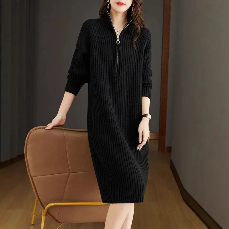 Half zipper loose casual long sleeves stand collar woolen straight dress in solid colour