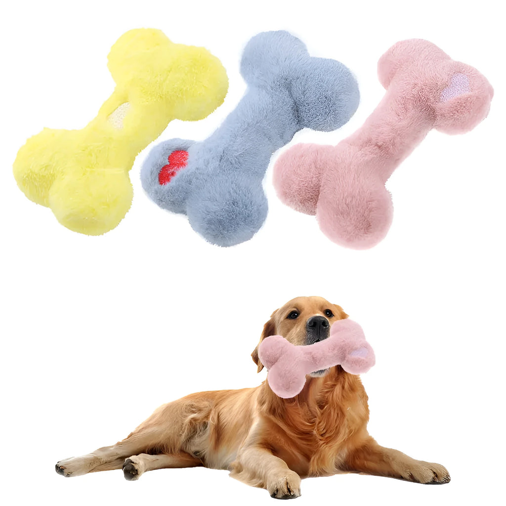 Blue plush bone dog toy with squeaker on a plain background.