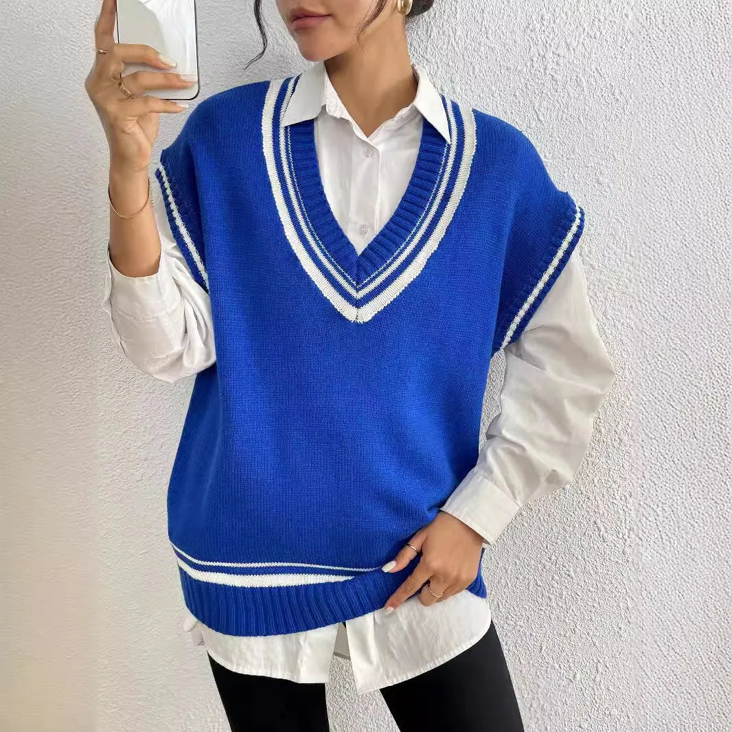 Women's loose college style pullover vest sweater in blue, black, or coffee.