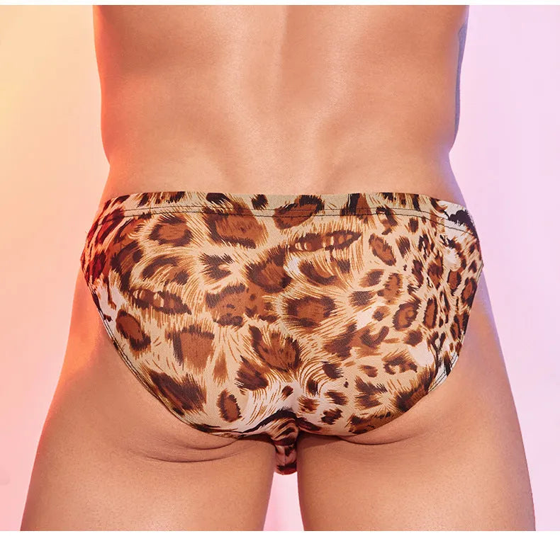 Men's low waist panties with a leopard print pattern on black background