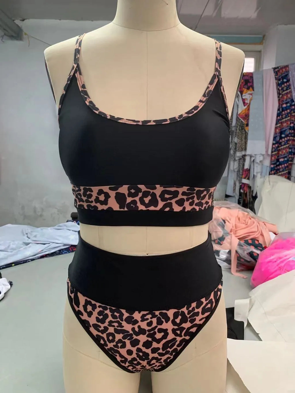 Women's high waist split bikini swimsuit in leopard print or white colour with nylon fabric