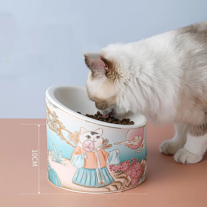 Chinese style ceramic cat bowl with high leg, double bowls and oblique mouth in universal colour for pet feeding