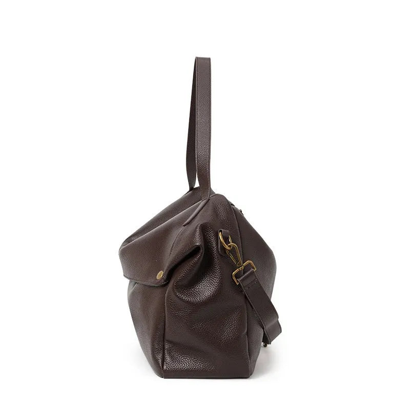 Brown genuine leather women's shoulder bag with horizontal square shape and zippered internal pocket
