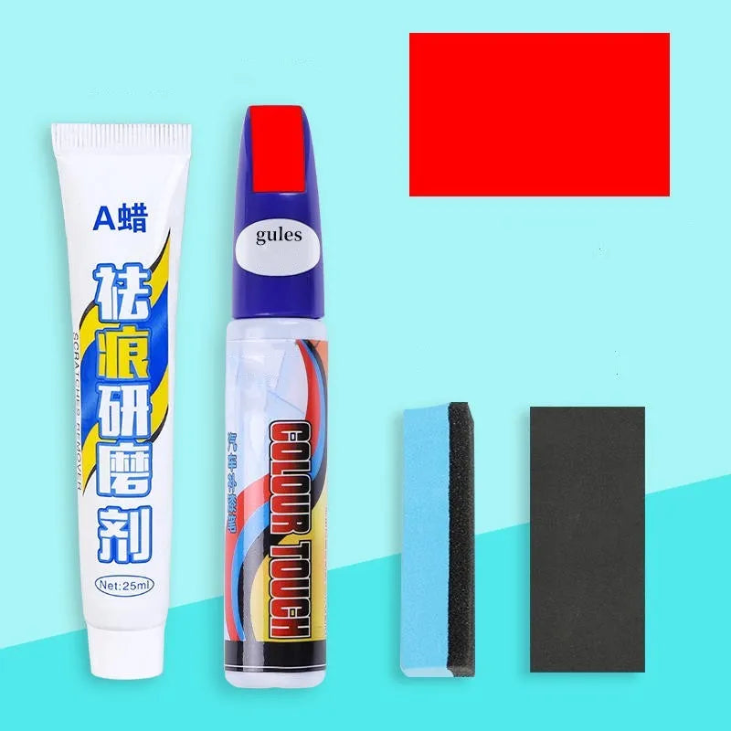 Automotive paint repair pen scratch repair fluid kit with paint pen, wax, sponge, and sandpaper.