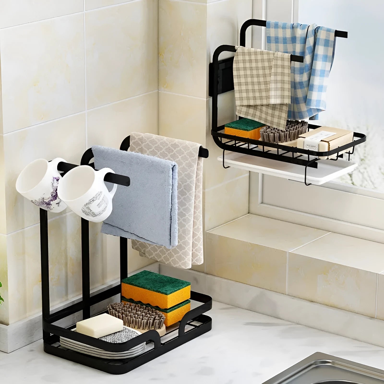 Foldable white plastic storage rack for draining kitchen cloths, shown in wall-mounted and desktop positions.