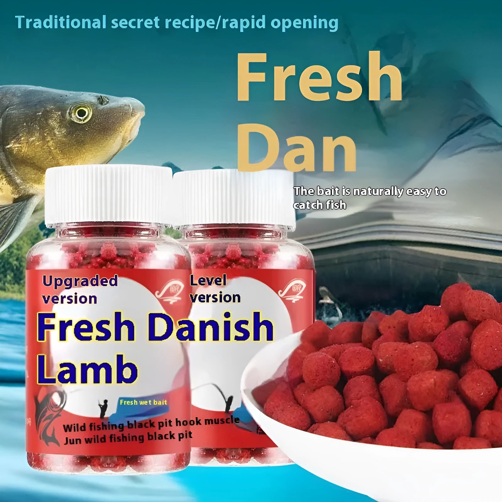 Fresh red fishing bait for crucian carp and grass carp in a bottle