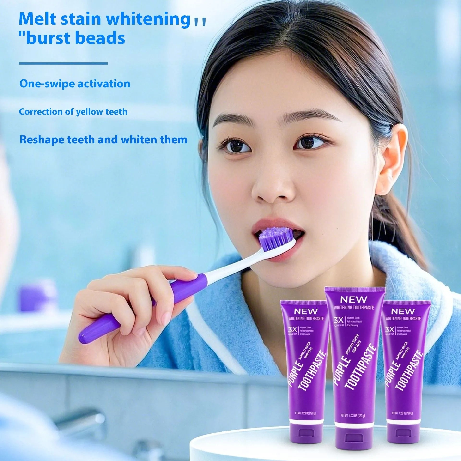 Purple whitening toothpaste tube for adults, shown in 120g and 65g size options for removing yellow stains.