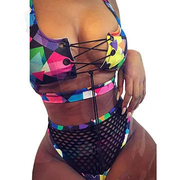 Women's cross strap fishnet high waist bikini set in checkered multicolor with bra top and shorts