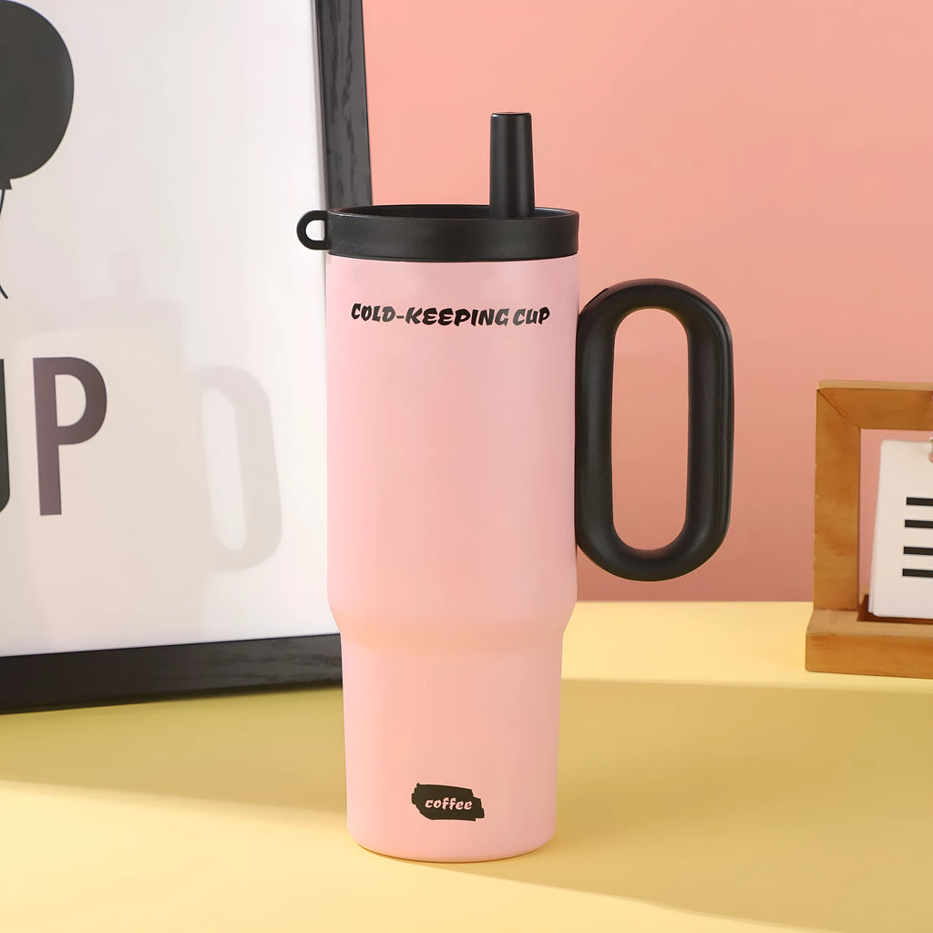 Portable insulated drink cup with carry handle and straw lid in multiple colours